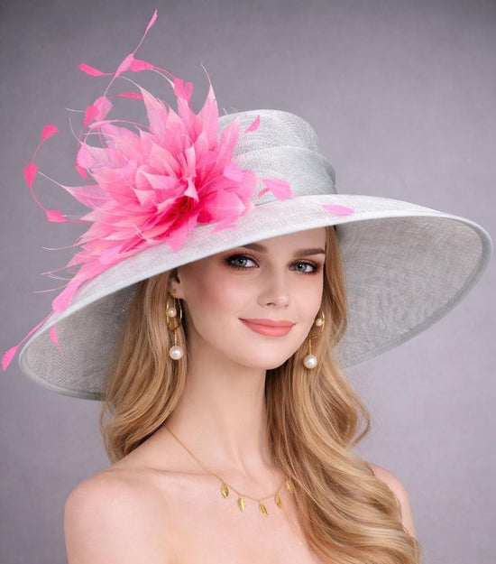 Powder Blue  Fuchsia Feather Flower Kentucky Derby Hat,Ascot Hat for Wedding & Tea Party, Garden Party Hat, Mother of the Bride, Church