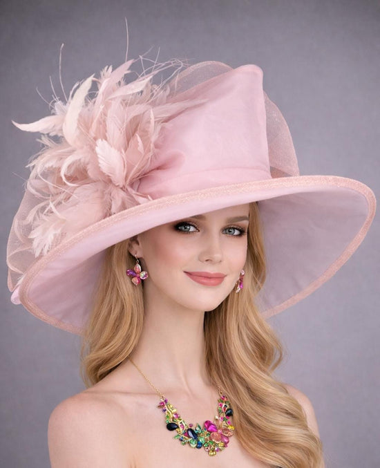 Dusty Pink Blush Pink Wide Brim Kentucky Derby Hat, Ascot Hat for Wedding & Tea Party, Garden Party Hat, Mother of the Bride, Church