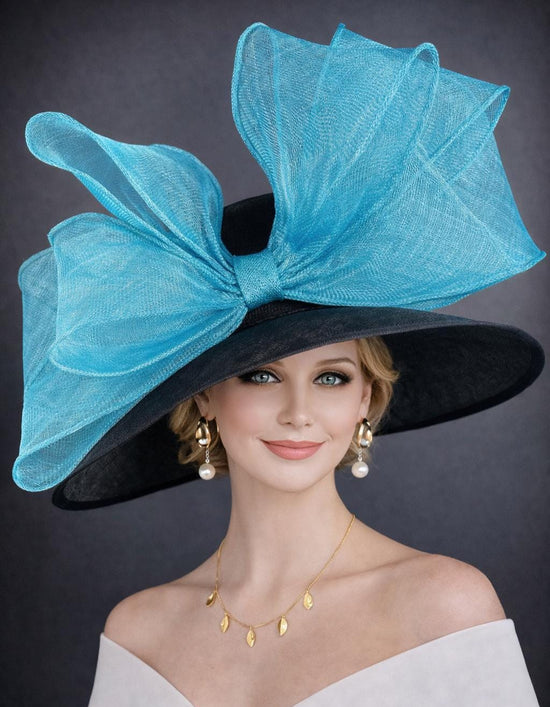 Black Jumbo Bow Wide Brim Kentucky Derby Hat, Ascot Hat for Wedding & Tea Party, Garden Party Hat, Mother of the Bride, Church