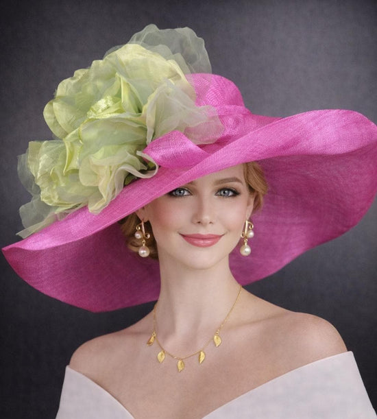 Fuchsia Pink Green Wide Brim Kentucky Derby Hat, Ascot Hat for Wedding & Tea Party, Garden Party Hat, Mother of the Bride, Church, Oaks Day
