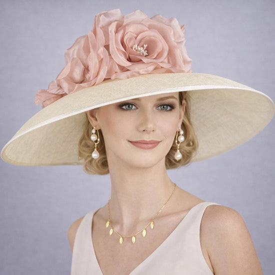Ivory Sinamay Hat Dusty Pink Silk Flower  Kentucky Derby Hat, Ascot Hat for Wedding Tea Party, Garden Party Hat, Mother of the Bride,Church