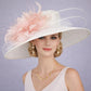 White Blush Pink Feather Flower Wide Brim Kentucky Derby Hat, Ascot Hat for Wedding Tea Party, Garden Party Hat,Mother of the Bride, Church