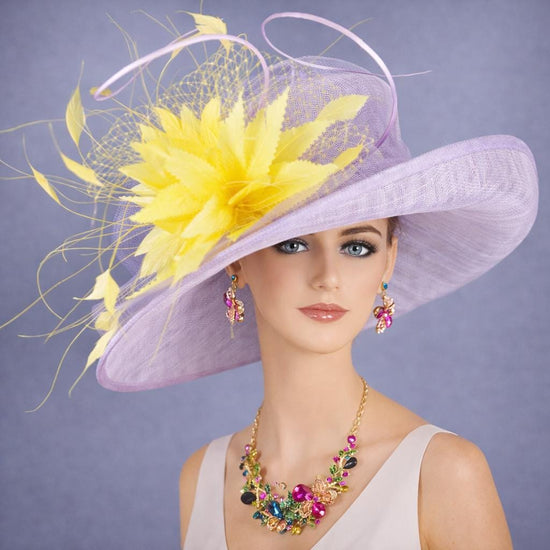 Lilac w Yellow Wide Brim Kentucky Derby Hat, Ascot Hat for Wedding & Tea Party, Garden Party Hat, Mother of the Bride, Church
