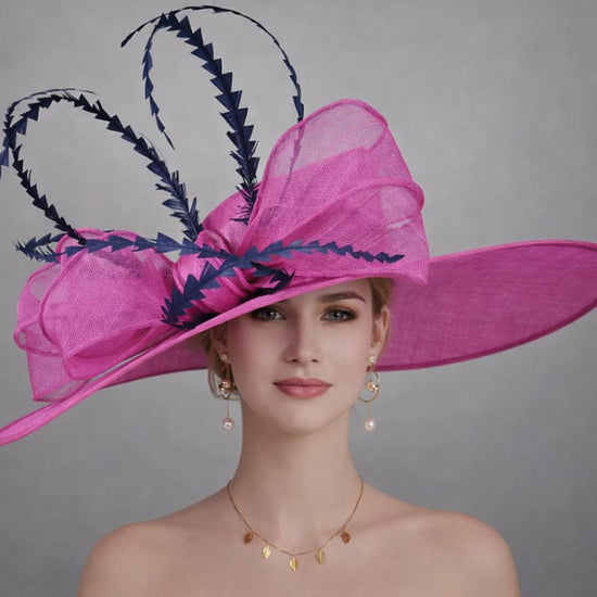 Wide Brim Kentucky Derby Hat, Ascot Hat for Wedding & Tea Party, Garden Party Hat, Mother of the Bride, Church- Fuchsia Pink Navy Blue