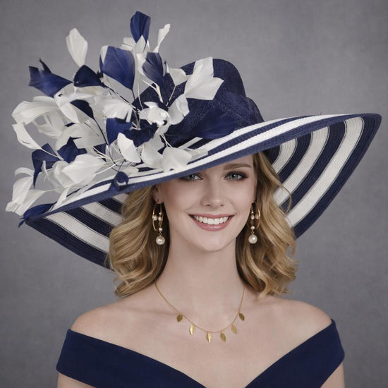 Wide Brim Kentucky Derby Hat, Ascot Hat for Wedding & Tea Party, Garden Party Hat, Mother of the Bride, Church Navy Blue White
