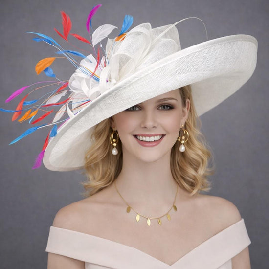White Colorful  Feathered Wide Brim Kentucky Derby Hat, Ascot Hat for Wedding & Tea Party, Garden Party Hat, Mother of the Bride, Church