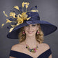 Navy Blue Gold Feather Flower Wide Brim Kentucky Derby Hat, Ascot Hat for Wedding  Tea Party, Garden Party Hat, Mother of the Bride, Church