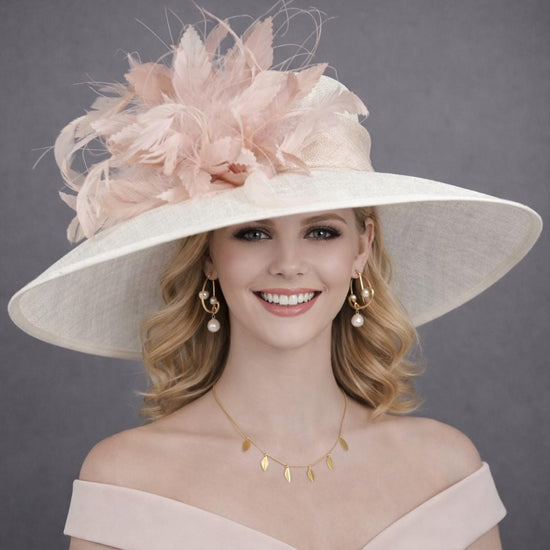 Ivory Off White Blush  Pink Wide Brim Kentucky Derby Hat, Ascot Hat for Wedding  Tea Party, Garden Party Hat, Mother of the Bride, Church