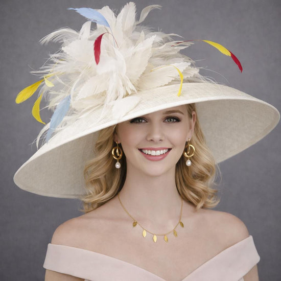 Wide Brim Kentucky Derby Hat, Ascot Hat for Wedding & Tea Party, Garden Party Hat, Mother of the Bride, Church Ivory Off White Blue Yellow