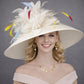 Wide Brim Kentucky Derby Hat, Ascot Hat for Wedding & Tea Party, Garden Party Hat, Mother of the Bride, Church Ivory Off White Blue Yellow