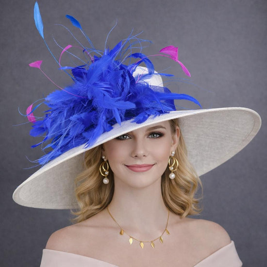 White Royal Blue Feather Flower Wide Brim Kentucky Derby Hat, Ascot Hat for Wedding Tea Party, Garden Party Hat, Mother of the Bride,Church