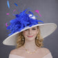 White Royal Blue Feather Flower Wide Brim Kentucky Derby Hat, Ascot Hat for Wedding Tea Party, Garden Party Hat, Mother of the Bride,Church