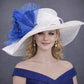 White with Royal Blue Silk Flower Wide Brim Kentucky Derby Hat,Ascot Hat for Wedding Tea Party, Garden Party Hat,Mother of the Bride,Church