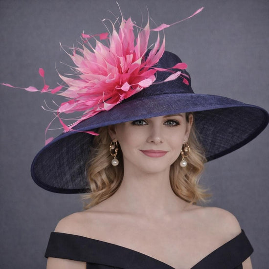 Navy Fuchsia Pink Feather Flower Wide Brim Kentucky Derby Hat, Ascot Hat for Wedding Tea Party, Garden Party Hat, Mother of the Bride,Church