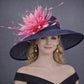 Navy Fuchsia Pink Feather Flower Wide Brim Kentucky Derby Hat, Ascot Hat for Wedding Tea Party, Garden Party Hat, Mother of the Bride,Church