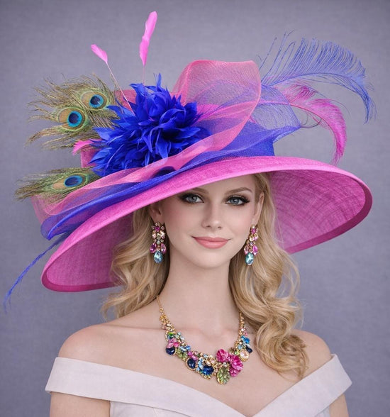 Hot PinkRoyal Blue Feather Flower Wide Brim Kentucky Derby Hat, Ascot Hat for Wedding Tea Party,Garden Party Hat, Mother of the Bride,Church