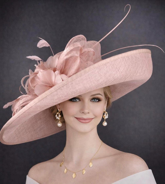 Blush Pink Dusty Pink Wide brim Sinamay Hat For Kentucky Derby, Ascot Royal, Tea Wedding Garden Party, Church, Mother of the Bride