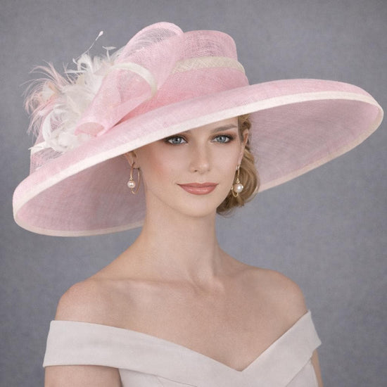 Baby Pink Ivory Wide Brim Kentucky Derby Hat, Ascot Hat for Wedding & Tea Party, Garden Party Hat, Mother of the Bride, Church