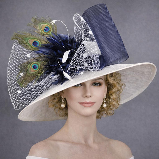 White Navy Blue Peacock Feathers Wide Brim Kentucky Derby Hat, Ascot Hat for Wedding Tea Party, Garden Party Hat, Mother of the Bride,Church