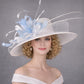 White  Light Blue Wide Brim Kentucky Derby Hat, Ascot Hat for Wedding & Tea Party, Garden Party Hat, Mother of the Bride, Church