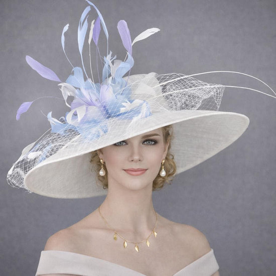 White, Powder Blue  Lilac Wide Brim Kentucky Derby Hat,Ascot Hat for Wedding & Tea Party, Garden Party Hat, Mother of the Bride, Church
