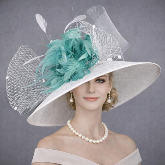 White  Aqua Feather Flowers Wide Brim Kentucky Derby Hat,Ascot Hat for Wedding & Tea Party, Garden Party Hat, Mother of the Bride, Church