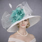 White  Aqua Feather Flowers Wide Brim Kentucky Derby Hat,Ascot Hat for Wedding & Tea Party, Garden Party Hat, Mother of the Bride, Church