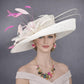 Off White Ivory Colorful Feathers Wide Brim Kentucky Derby Hat, Ascot Hat for Wedding Tea Party, Garden Party Hat,Mother of the Bride,Church