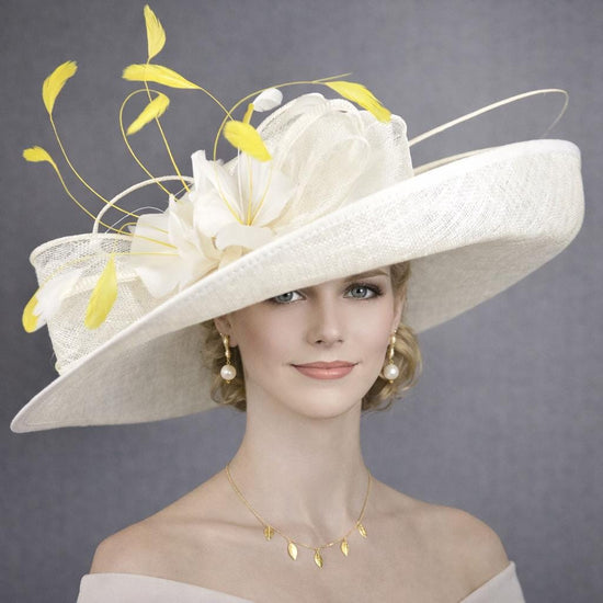 Wide Brim Kentucky Derby Hat, Ascot Hat for Wedding & Tea Party, Garden Party Hat, Mother of the Bride, Church Ivory/Off White w Yellow