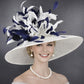 Wide Brim Kentucky Derby Hat, Ascot Hat for Wedding & Tea Party, Garden Party Hat, Mother of the Bride, Church White w Navy Blue