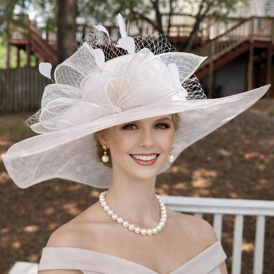 White Wide Brim Sinamay Hat For Easter Day, Wedding, Kentucky Derby Party, Ascort Royal Party,Tea &Garden Party, Mother of the Bride, Church