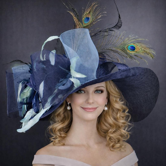 Navy Blue Powder Blue Sinamay Kentucky Derby Hat, Ascor Royal Hat, Tea Garden Wedding Party Hat, Mother of the Bride Hat, Church Hat