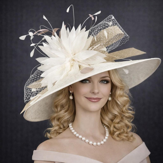 Wide Brim Sinamay Kentucky  Derby Hat: Ivory Taupe  Feather Flower, Tea Party Wedding Church, Ascot Royal, Mother of the Bride, Easter Party