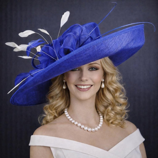 Royal Blue White Wide Brim Sinamay Hat For Kentucky Derby, Ascort Royal, Mother of the Bride, Tea Wedding Garden Party Hat,  Church Hat