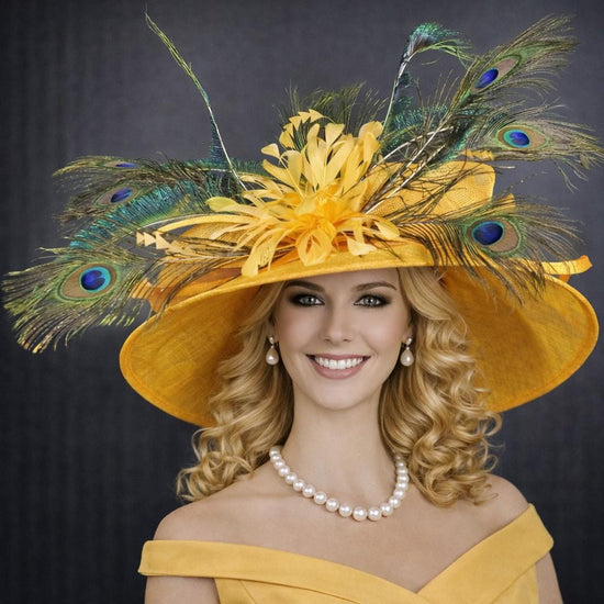 Orange Peacock Feathers Wide brim Sinamay Hat For Kentucky Derby Party,Ascot Royal Party, Wedding Tea Garden Party,Chuch,Mother of the Bride