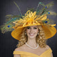 Orange Peacock Feathers Wide brim Sinamay Hat For Kentucky Derby Party,Ascot Royal Party, Wedding Tea Garden Party,Chuch,Mother of the Bride