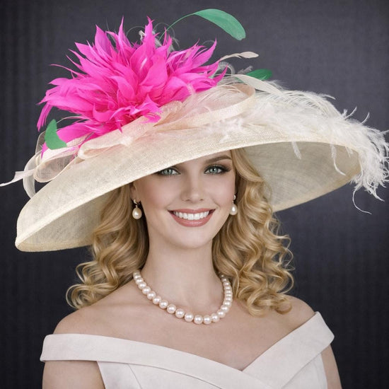 Ivory, Fuchsia Feather Flower Wide Brim Kentucky Derby Hat, Ascot Hat for Wedding & Tea Party, Garden Party Hat, Mother of the Bride,Church