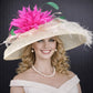 Ivory, Fuchsia Feather Flower Wide Brim Kentucky Derby Hat, Ascot Hat for Wedding & Tea Party, Garden Party Hat, Mother of the Bride,Church