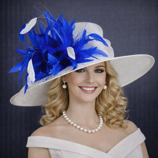 Sinamay Derby Hat: White Wide Brim with Royal Blue Feathers