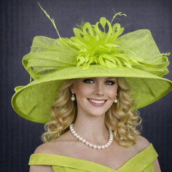 Lime Green Derby Hat: Feather Flower Sinamay Church Hat