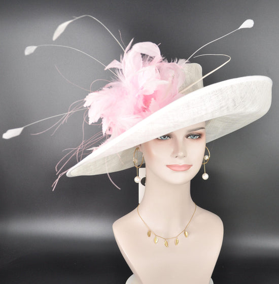 White  Pink Wide Brim Sinamay Kenturky Derby Hat, Ascot Royal Party Hat,Tea Garden Party Hat, Wedding Hat,Mother of the Bride Hat,Church Hat