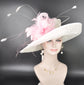 White  Pink Wide Brim Sinamay Kenturky Derby Hat, Ascot Royal Party Hat,Tea Garden Party Hat, Wedding Hat,Mother of the Bride Hat,Church Hat