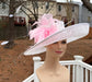 White  Pink Wide Brim Sinamay Kenturky Derby Hat, Ascot Royal Party Hat,Tea Garden Party Hat, Wedding Hat,Mother of the Bride Hat,Church Hat