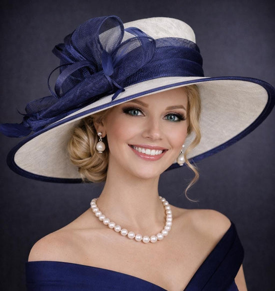 White Navy Blue Kentucky Derby Hat, Ascot Hat for Wedding & Tea Party, Garden Party Hat, Mother of the Bride, Church