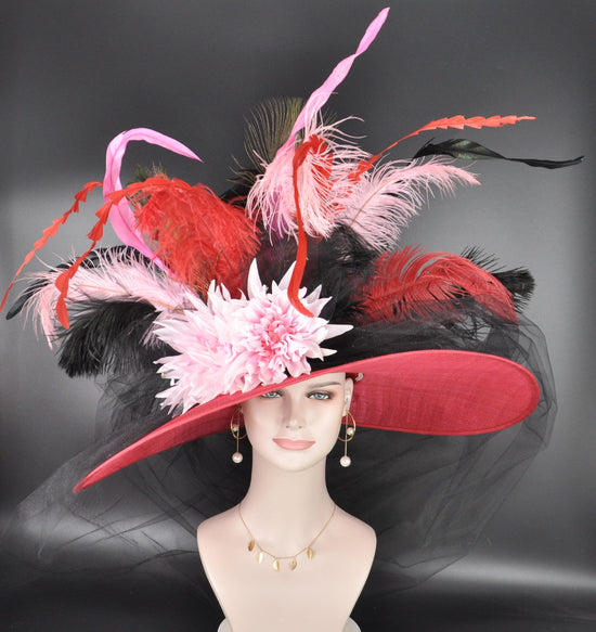 Wide Brim Sinamay Hat for Race Day – Red Pink Black Ostrich Feathers Couture Design