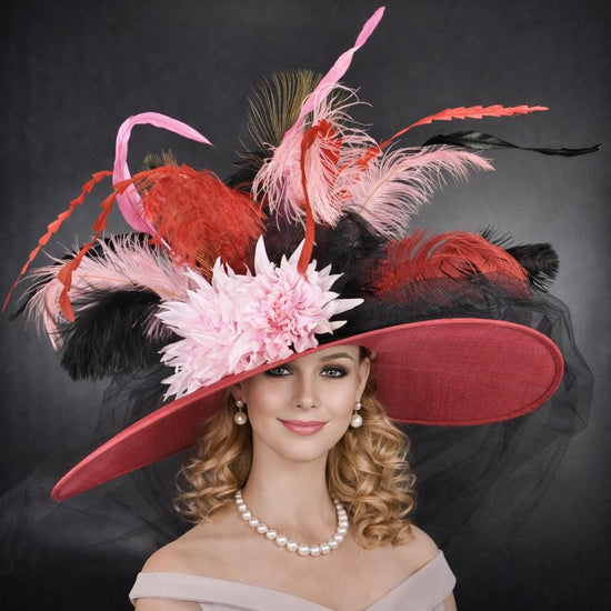 Wide Brim Sinamay Hat for Race Day – Red Pink Black Ostrich Feathers Couture Design