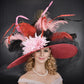 Wide Brim Sinamay Hat for Race Day – Red Pink Black Ostrich Feathers Couture Design
