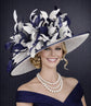 White Navy Blue Feather Flower Wide Brim Kentucky Derby Hat, Ascot Hat for Wedding Tea Party, Garden Party Hat, Mother of the Bride, Church