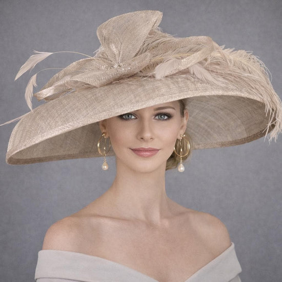 Taupe Wide Brim Kentucky Derby Hat, Ascot Hat for Wedding & Tea Party, Garden Party Hat, Mother of the Bride, Church,  Ostrich Feather Style