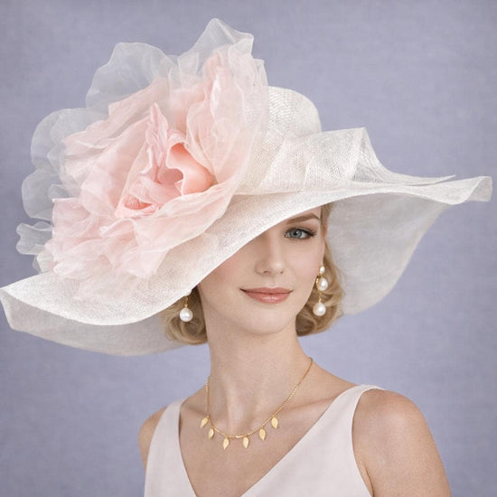 White with Blush Pink Silk Flower Wide Brim Kentucky Derby Hat,Ascot Hat for Wedding Tea Party,Garden Party Hat, Mother of the Bride,Church